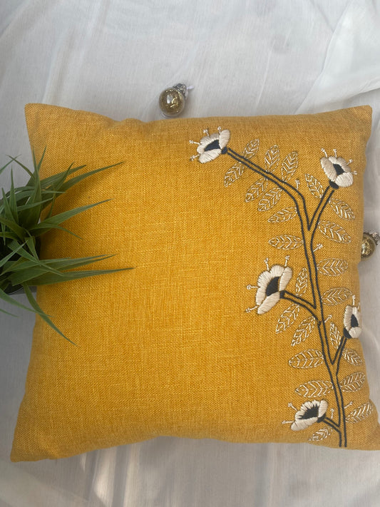 Yellow Cushion Cover with White Flowers